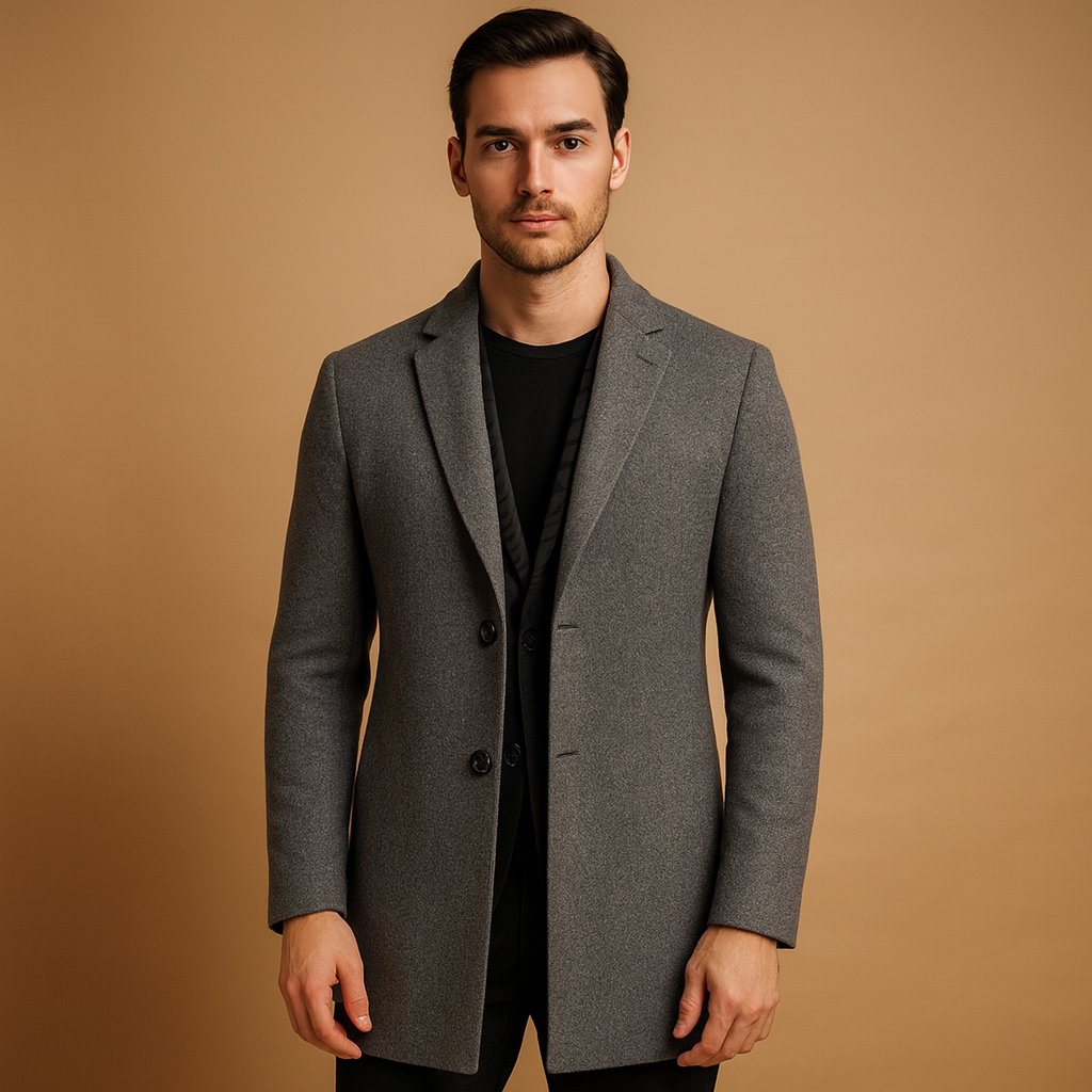 Men’s formal long winter coat with a classic cut, designed for warmth, wind protection, and elegant business or everyday wear.