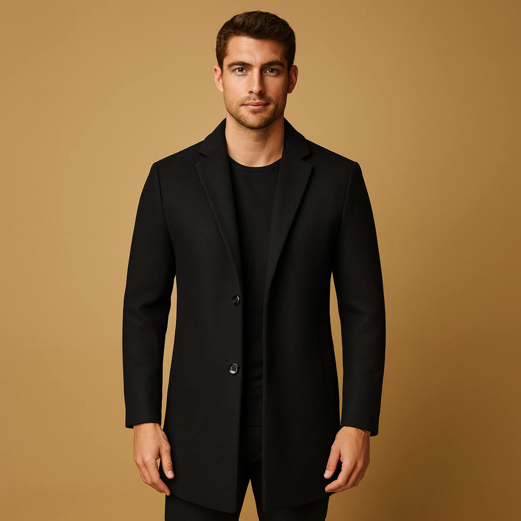 Men’s formal long winter coat with a classic cut, designed for warmth, wind protection, and elegant business or everyday wear.