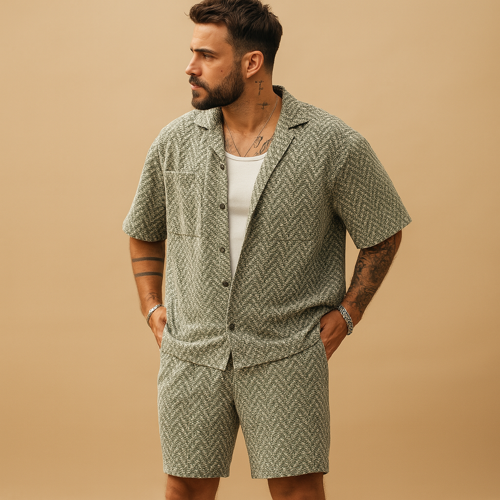 Men’s geometric print summer set with short-sleeve shirt and elastic shorts, ideal for vacations, beach trips, or relaxed summer outings.