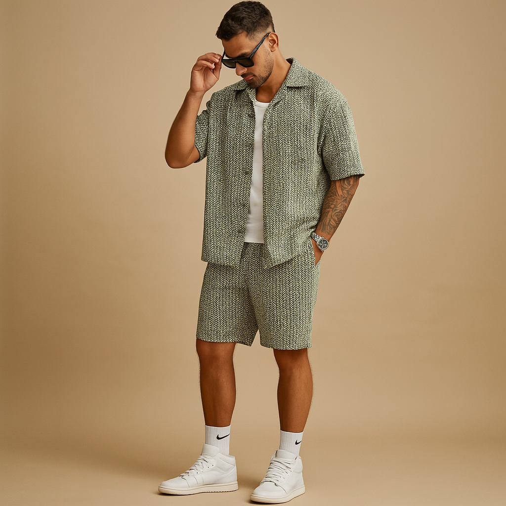 Men’s geometric print summer set with short-sleeve shirt and elastic shorts, ideal for vacations, beach trips, or relaxed summer outings.