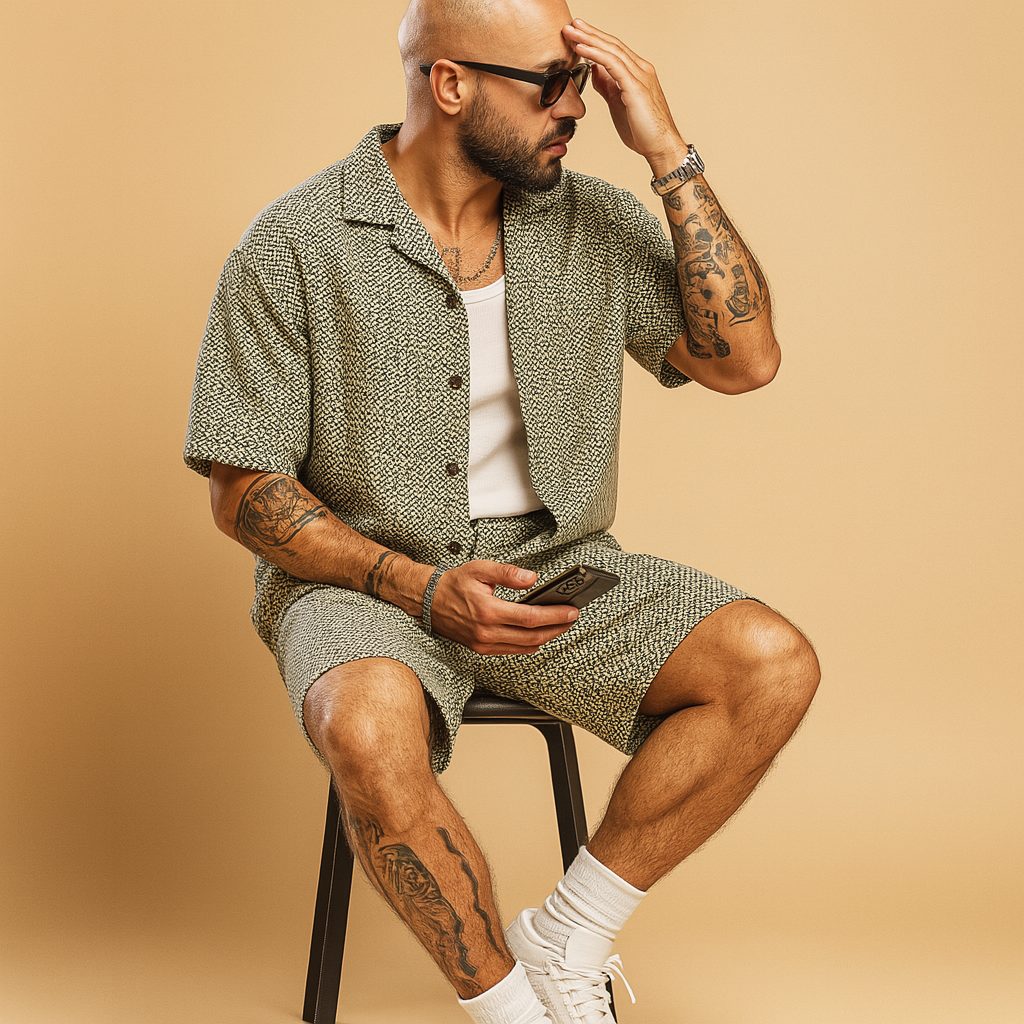 Men’s geometric print summer set with short-sleeve shirt and elastic shorts, ideal for vacations, beach trips, or relaxed summer outings.