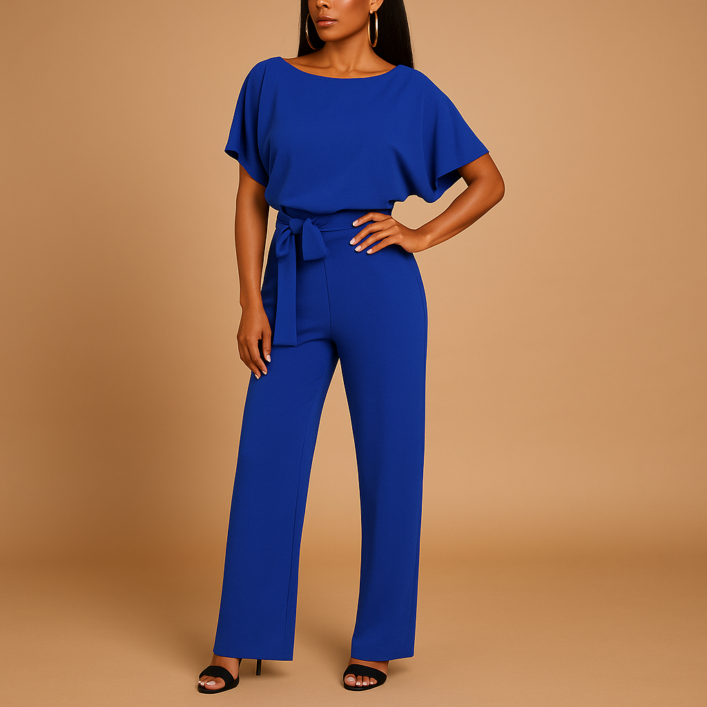 Glitter halter jumpsuit with open back for women, featuring flared legs and soft lining, perfect for parties, galas, and elegant evenings.