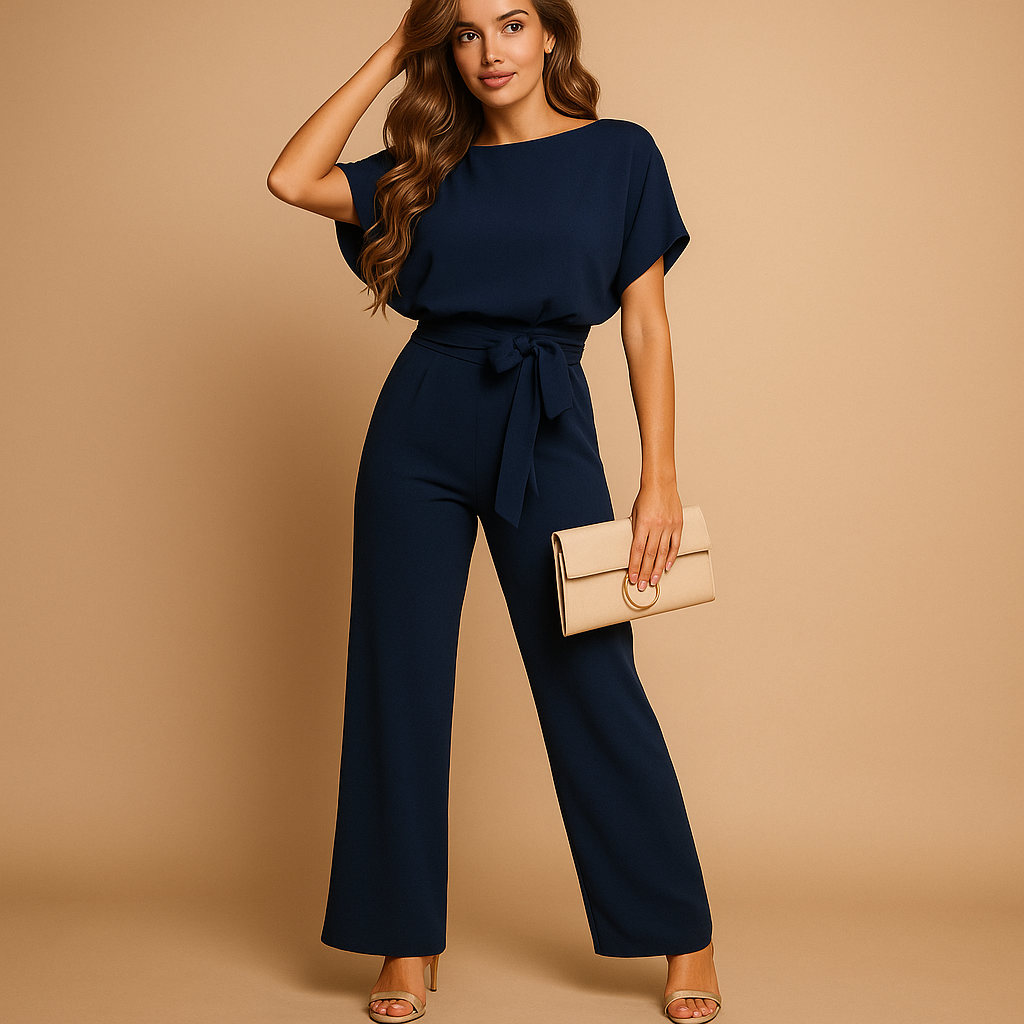 Glitter halter jumpsuit with open back for women, featuring flared legs and soft lining, perfect for parties, galas, and elegant evenings.