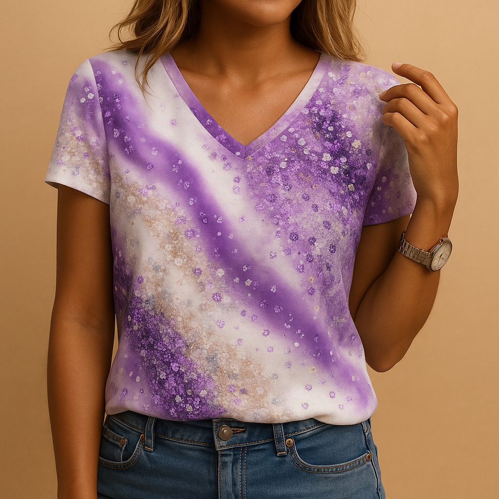 Women’s gradient summer blouse with V-neck and short sleeves, designed with a relaxed fit for casual wear on warm days.