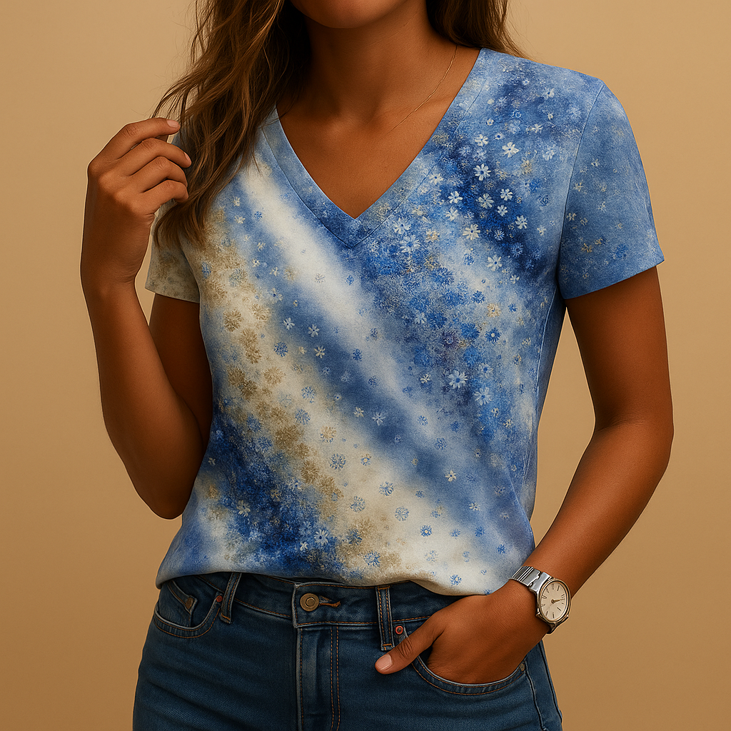 Women’s gradient summer blouse with V-neck and short sleeves, designed with a relaxed fit for casual wear on warm days.