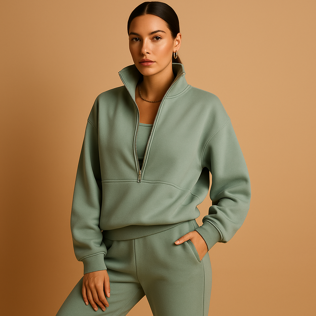 Women’s two-piece half-zip jogging set with sweatshirt and joggers, perfect for lounging, casual days, or sporty streetwear looks.