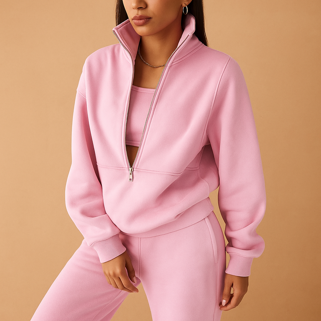 Women’s two-piece half-zip jogging set with sweatshirt and joggers, perfect for lounging, casual days, or sporty streetwear looks.