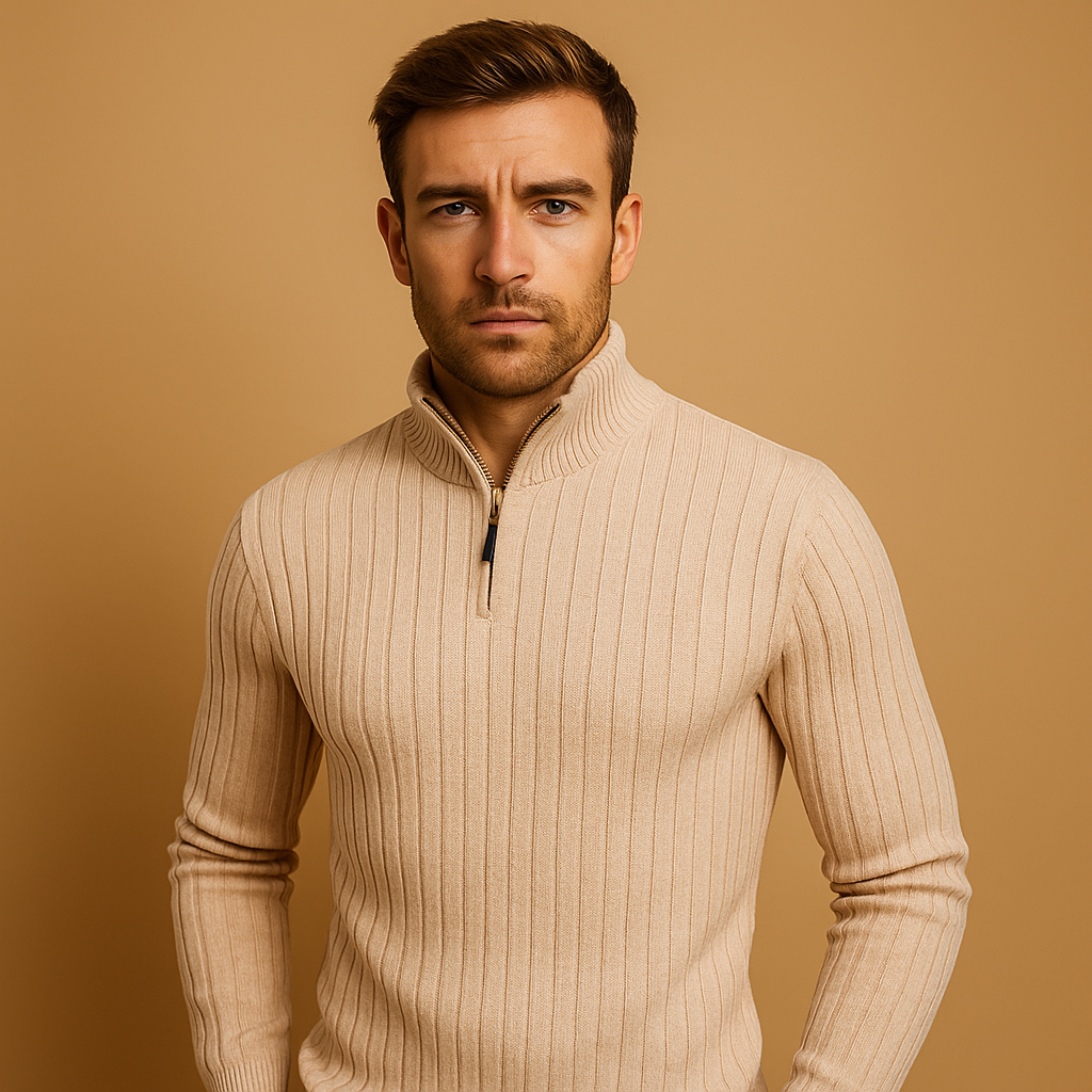 Modern half-zip sweater for men with ribbed sleeves and warm, soft fabric, perfect for autumn and winter smart-casual outfits.