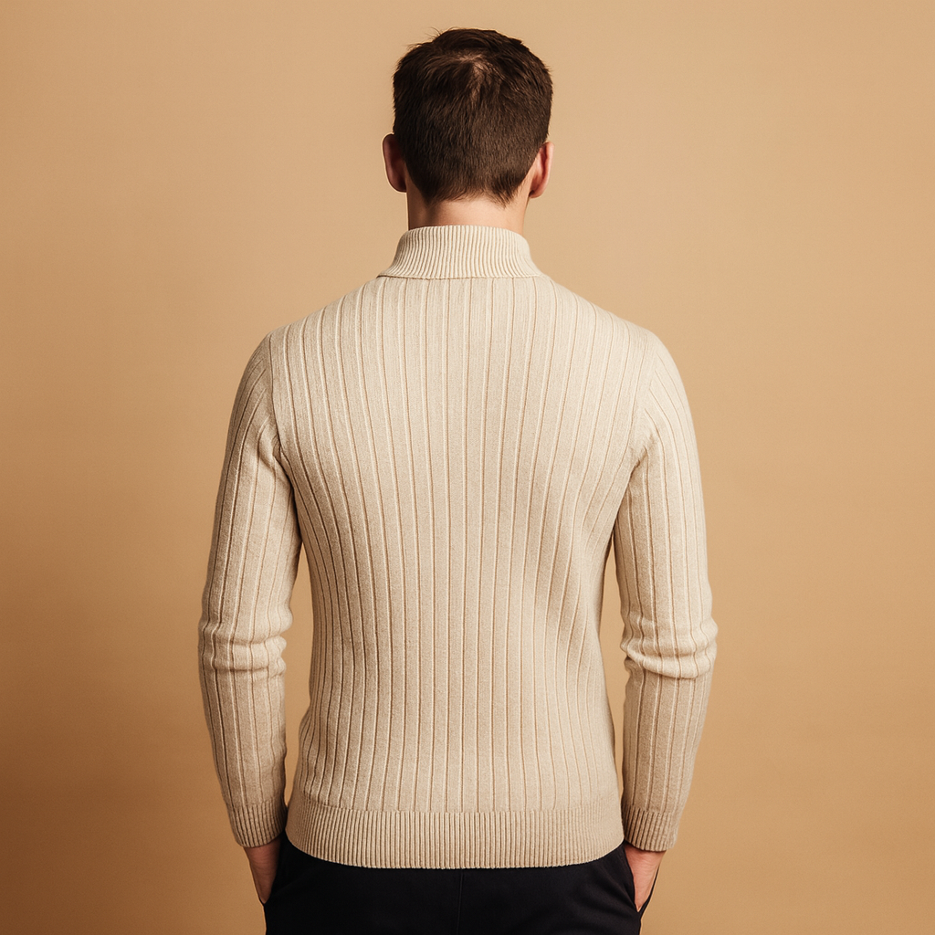 Modern half-zip sweater for men with ribbed sleeves and warm, soft fabric, perfect for autumn and winter smart-casual outfits.