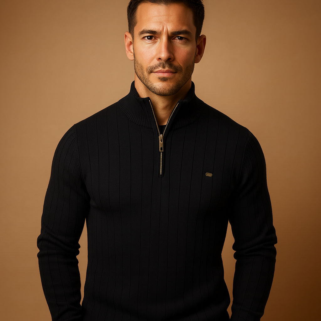 Men’s half zip sweater with high collar and slim fit, made from soft warm knit fabric, perfect for autumn and winter casual or smart looks.