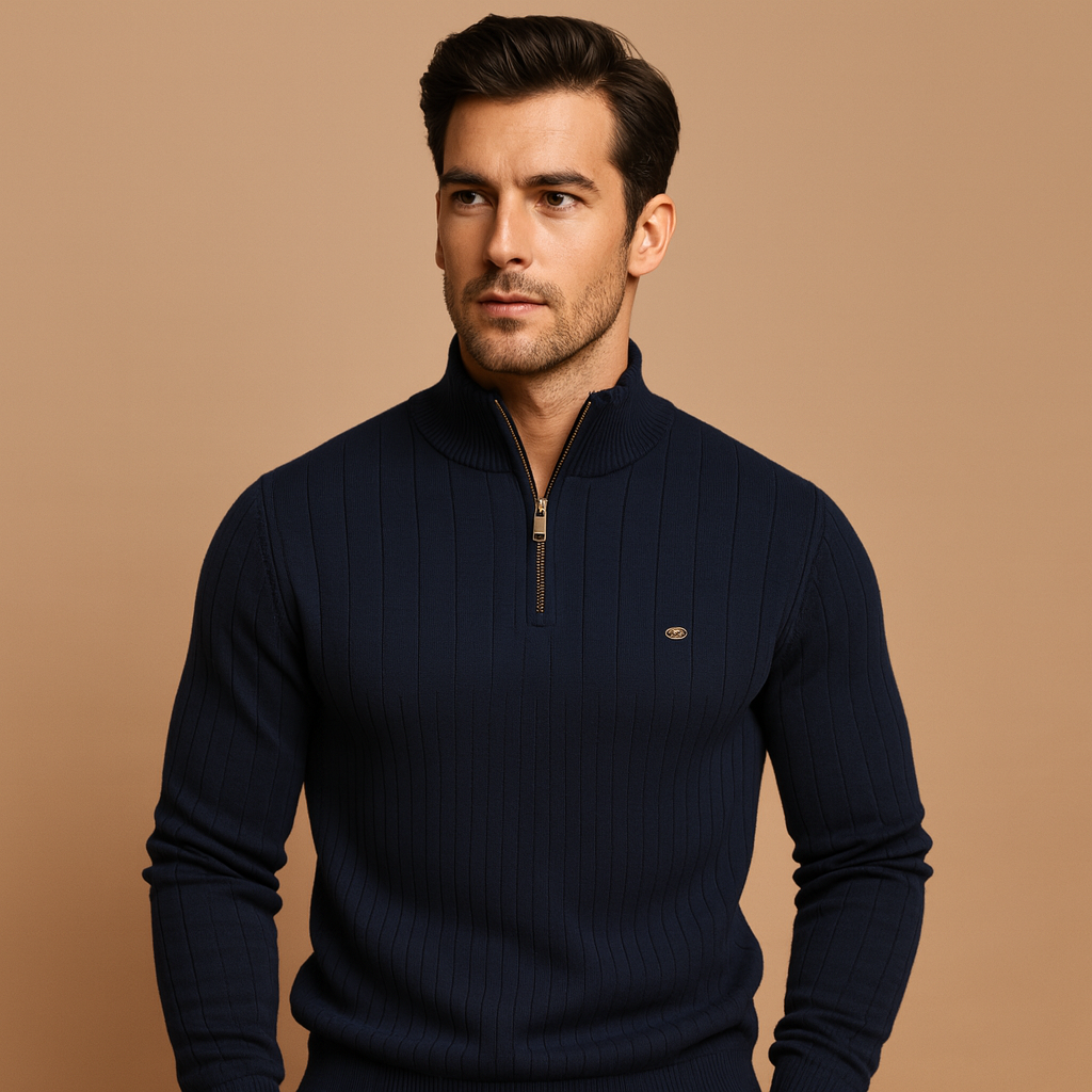 Men’s half zip sweater with high collar and slim fit, made from soft warm knit fabric, perfect for autumn and winter casual or smart looks.