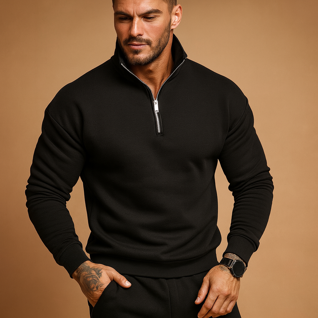 Modern half zip sweater for men with a soft, comfortable fit and contemporary design, perfect for casual or formal wear in autumn and winter.