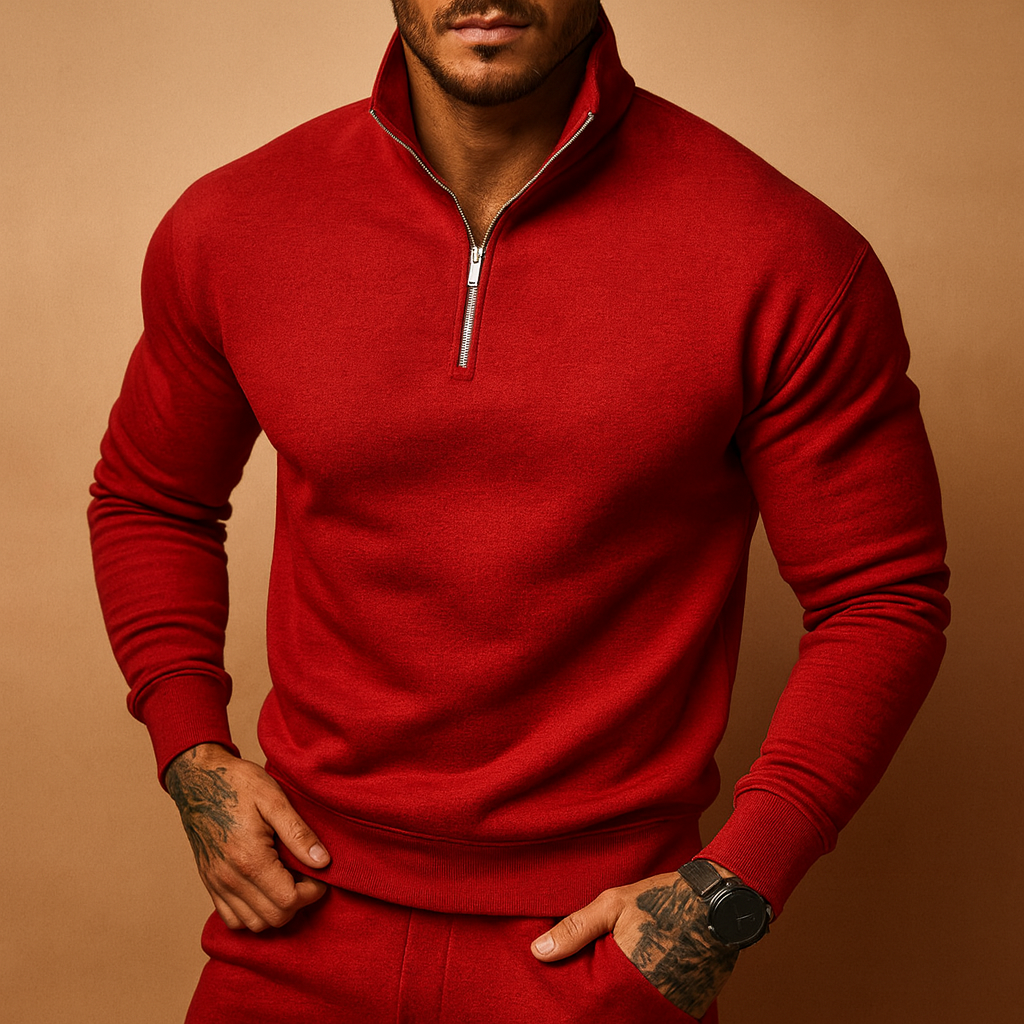 Modern half zip sweater for men with a soft, comfortable fit and contemporary design, perfect for casual or formal wear in autumn and winter.