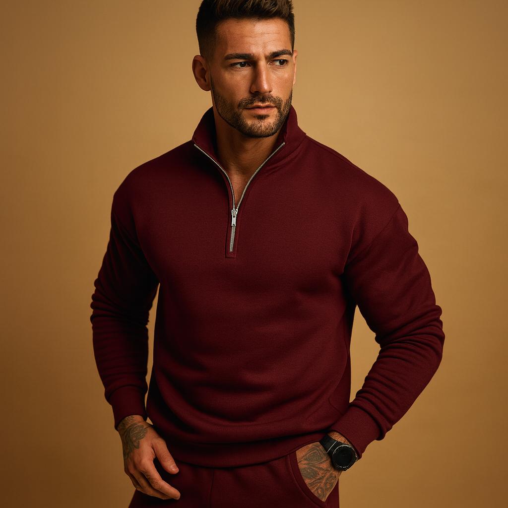 Modern half zip sweater for men with a soft, comfortable fit and contemporary design, perfect for casual or formal wear in autumn and winter.