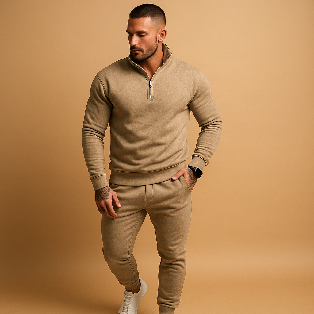 Men’s half-zip tracksuit with sweatshirt and joggers, perfect for sports, lounging, or casual wear.