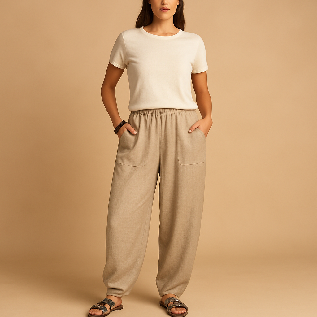 Women’s high waist boho summer pants with a loose fit and functional pockets, ideal for beach outings, summer walks, or casual city wear.