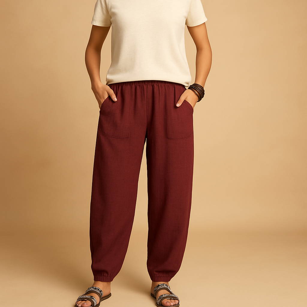 Women’s high waist boho summer pants with a loose fit and functional pockets, ideal for beach outings, summer walks, or casual city wear.