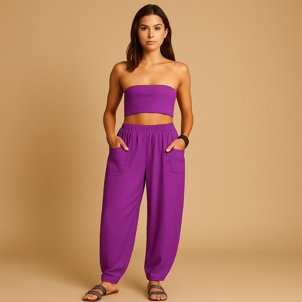Women’s high waist boho summer pants with a loose fit and functional pockets, ideal for beach outings, summer walks, or casual city wear.