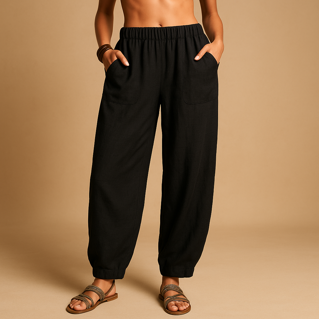 Women’s high waist boho summer pants with a loose fit and functional pockets, ideal for beach outings, summer walks, or casual city wear.