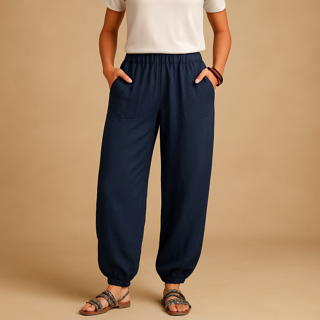 Women’s high waist boho summer pants with a loose fit and functional pockets, ideal for beach outings, summer walks, or casual city wear.