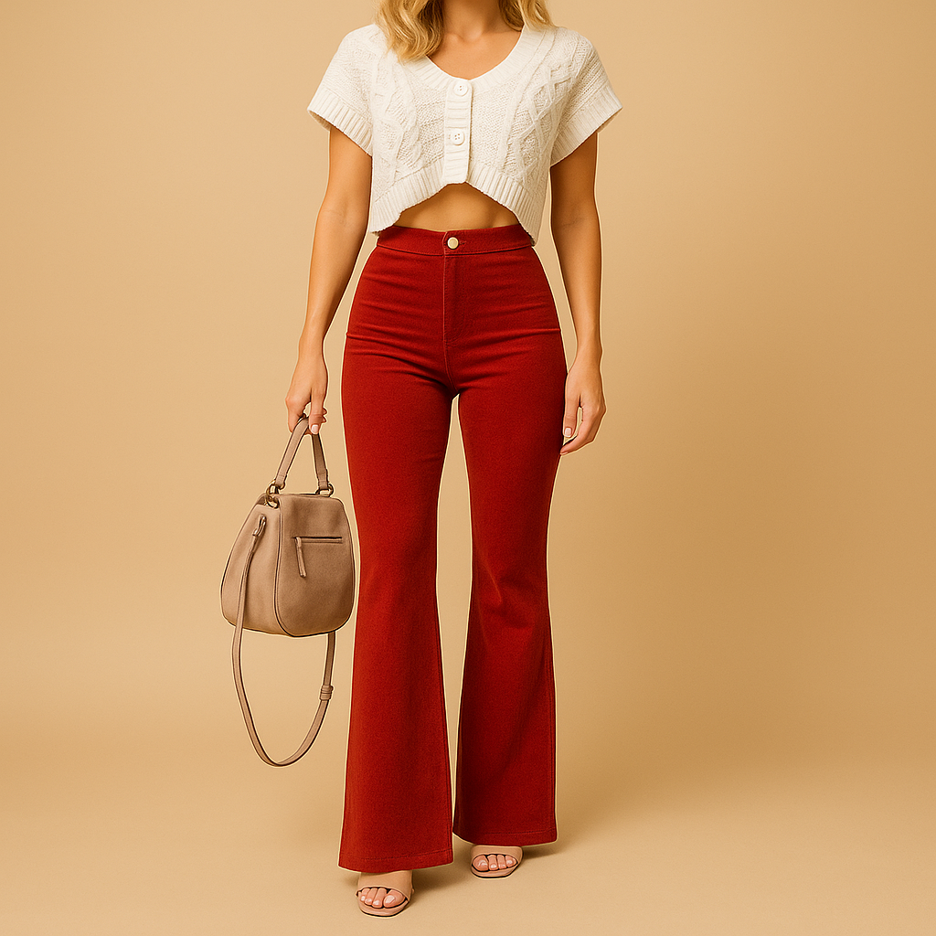 Women’s high waist flared corduroy pants with a flattering fit and eco-friendly stretch fabric, perfect for casual wear or chic occasions.