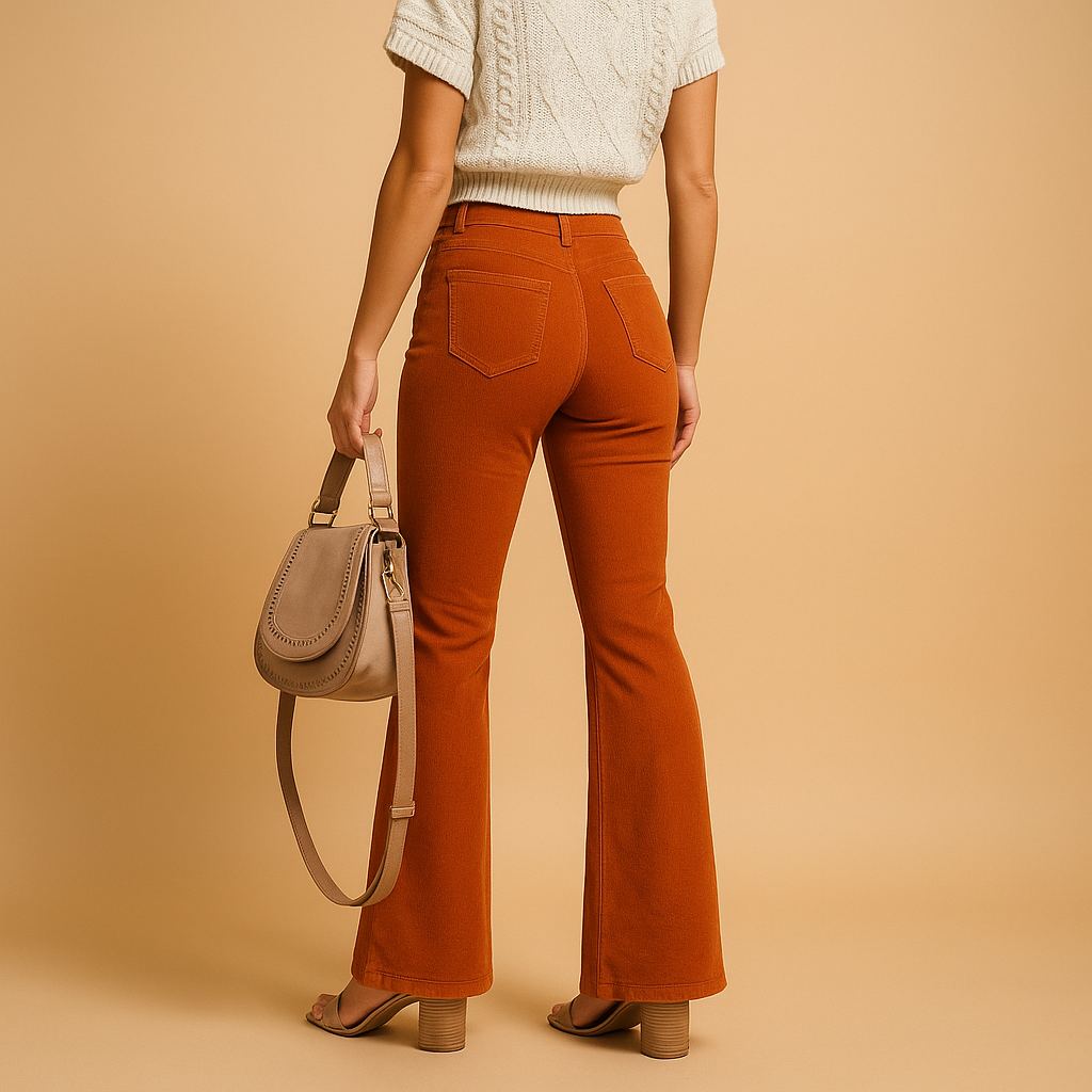 Women’s high waist flared corduroy pants with a flattering fit and eco-friendly stretch fabric, perfect for casual wear or chic occasions.