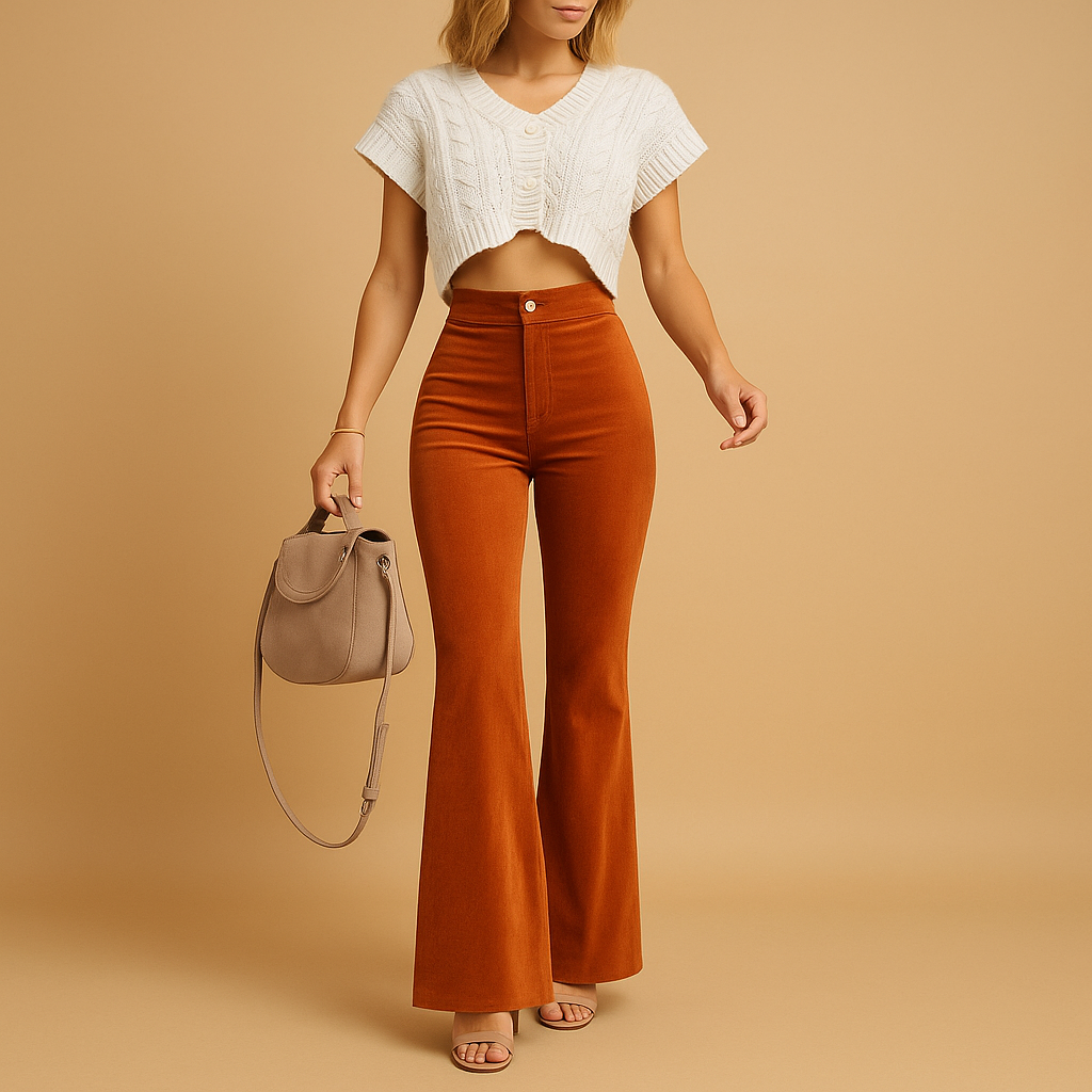 Women’s high waist flared corduroy pants with a flattering fit and eco-friendly stretch fabric, perfect for casual wear or chic occasions.