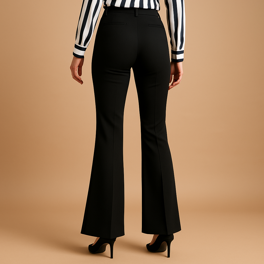 Women’s high waist flared pants with slim fit top, wide leg design, and practical pockets, perfect for work, casual wear, and formal occasions.