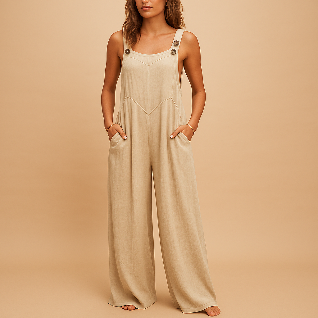 Women’s high-waist wide-leg jumpsuit with button details and pockets, perfect for summer days, casual wear, and evening outings.