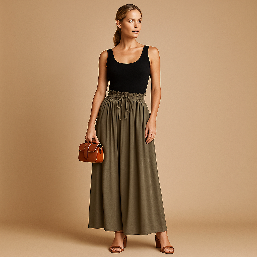 Women’s high waist wide leg pants with elastic waistband, designed for comfort and elegance, ideal for work, casual wear, or formal occasions.