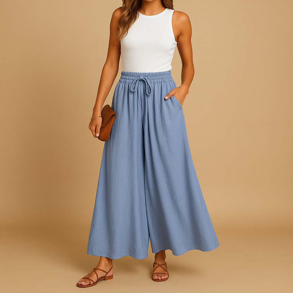 Women’s high waist wide leg pants with elastic waistband, designed for comfort and elegance, ideal for work, casual wear, or formal occasions.