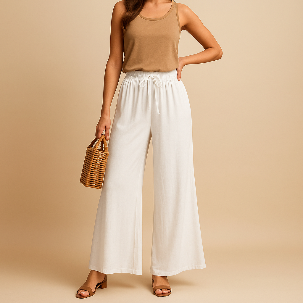 Women’s high waist wide leg pants with elastic waistband, designed for comfort and elegance, ideal for work, casual wear, or formal occasions.