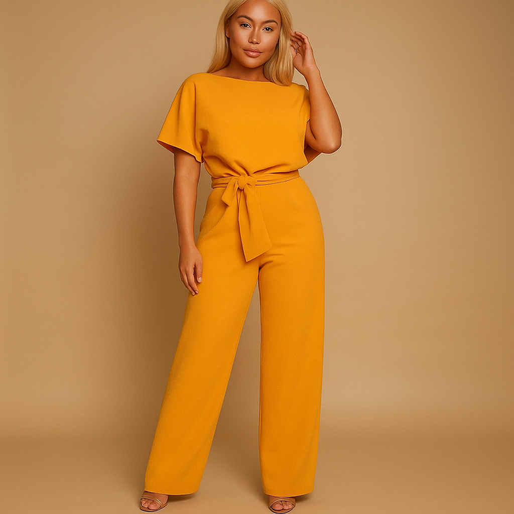 High-waisted women’s jumpsuit with lace-up detail and flowing fit, ideal for work, evening wear, and stylish casual looks.