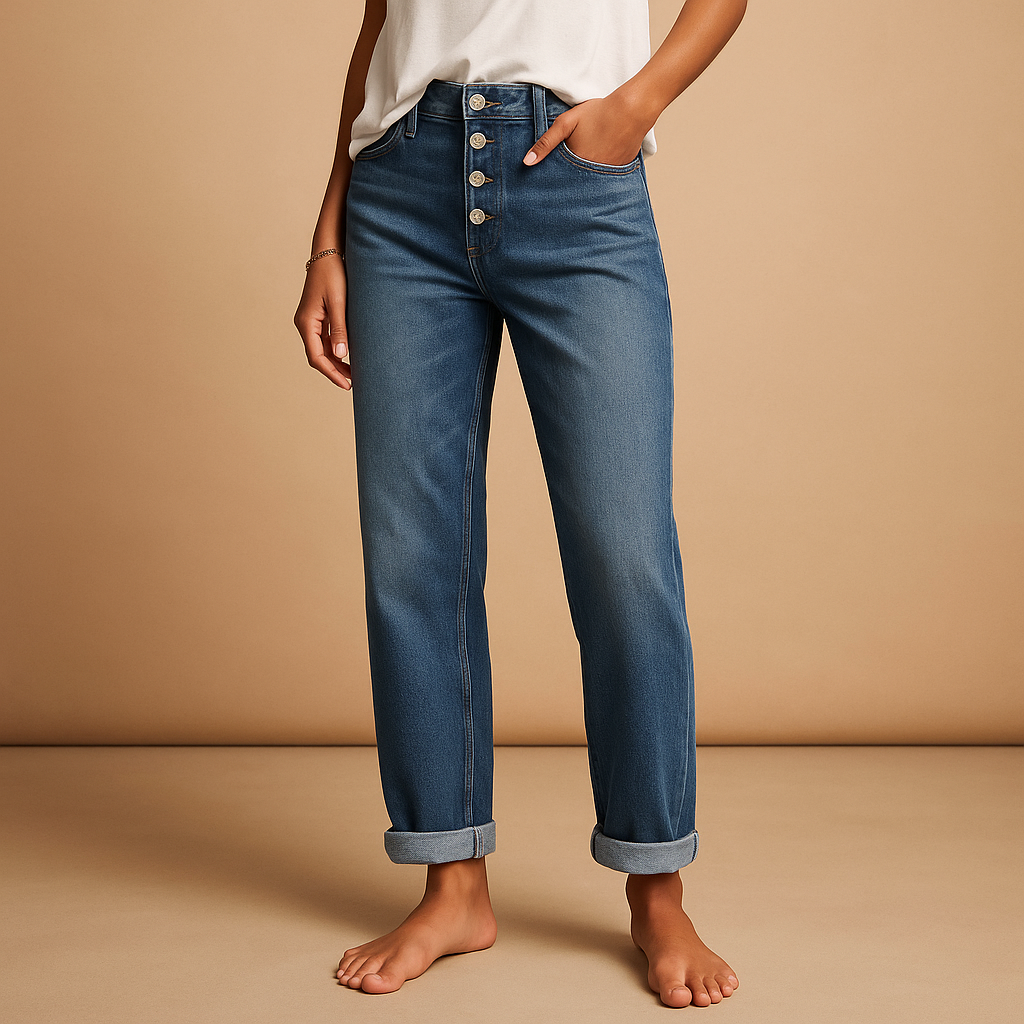 Women’s high waisted loose fit jeans in classic denim blue, featuring a relaxed cut and flattering design, ideal for casual and trendy outfits.