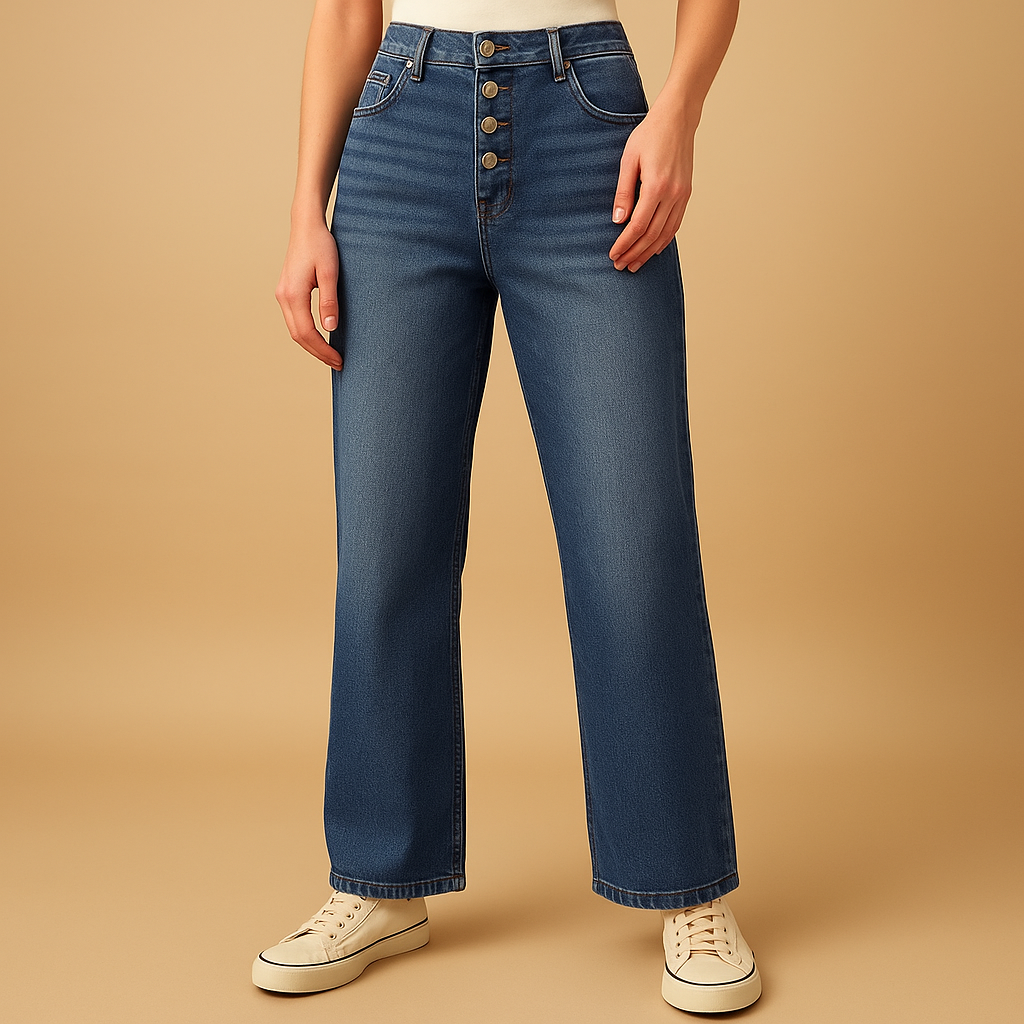 Women’s high waisted loose fit jeans in classic denim blue, featuring a relaxed cut and flattering design, ideal for casual and trendy outfits.