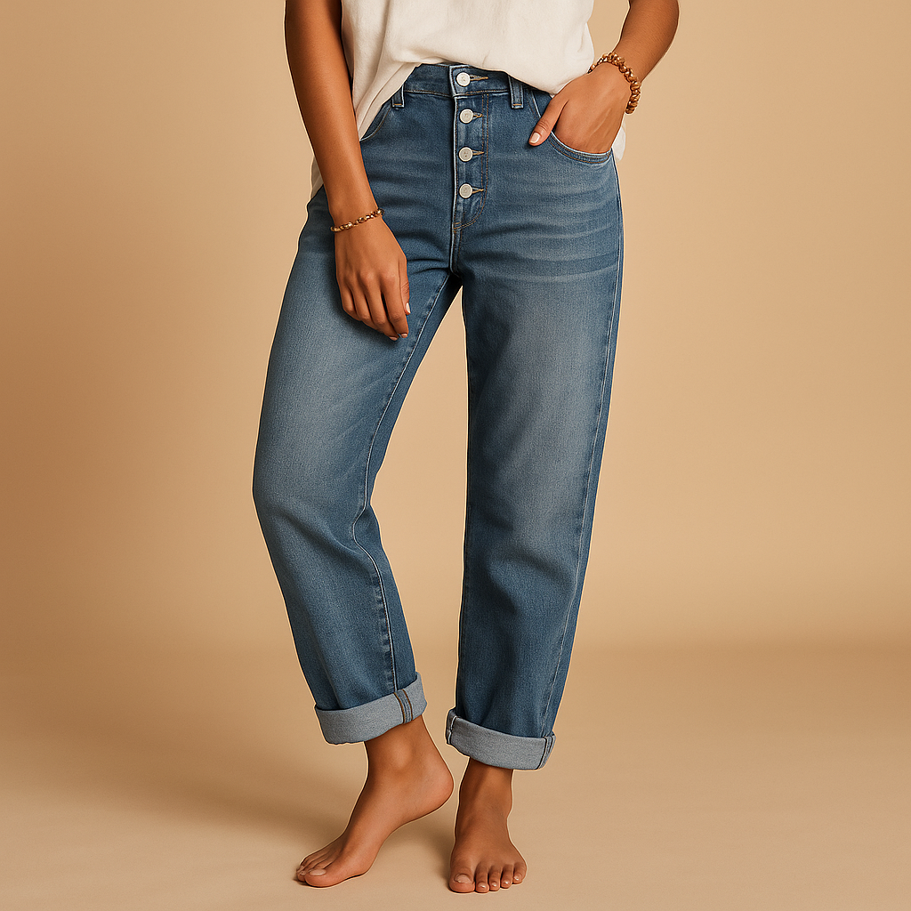 Women’s high waisted loose fit jeans in classic denim blue, featuring a relaxed cut and flattering design, ideal for casual and trendy outfits.
