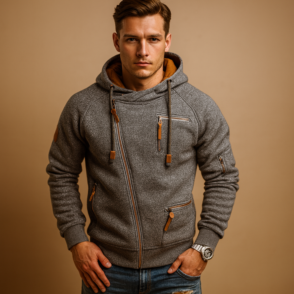 Comfortable hooded cardigan for men with pockets and modern design, perfect for casual and semi-formal outfits in autumn and winter.