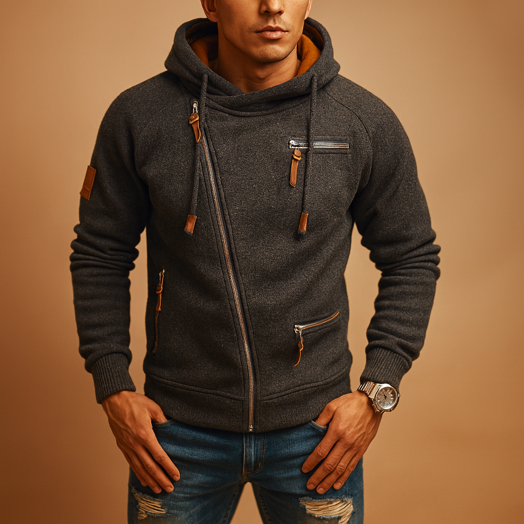 Comfortable hooded cardigan for men with pockets and modern design, perfect for casual and semi-formal outfits in autumn and winter.