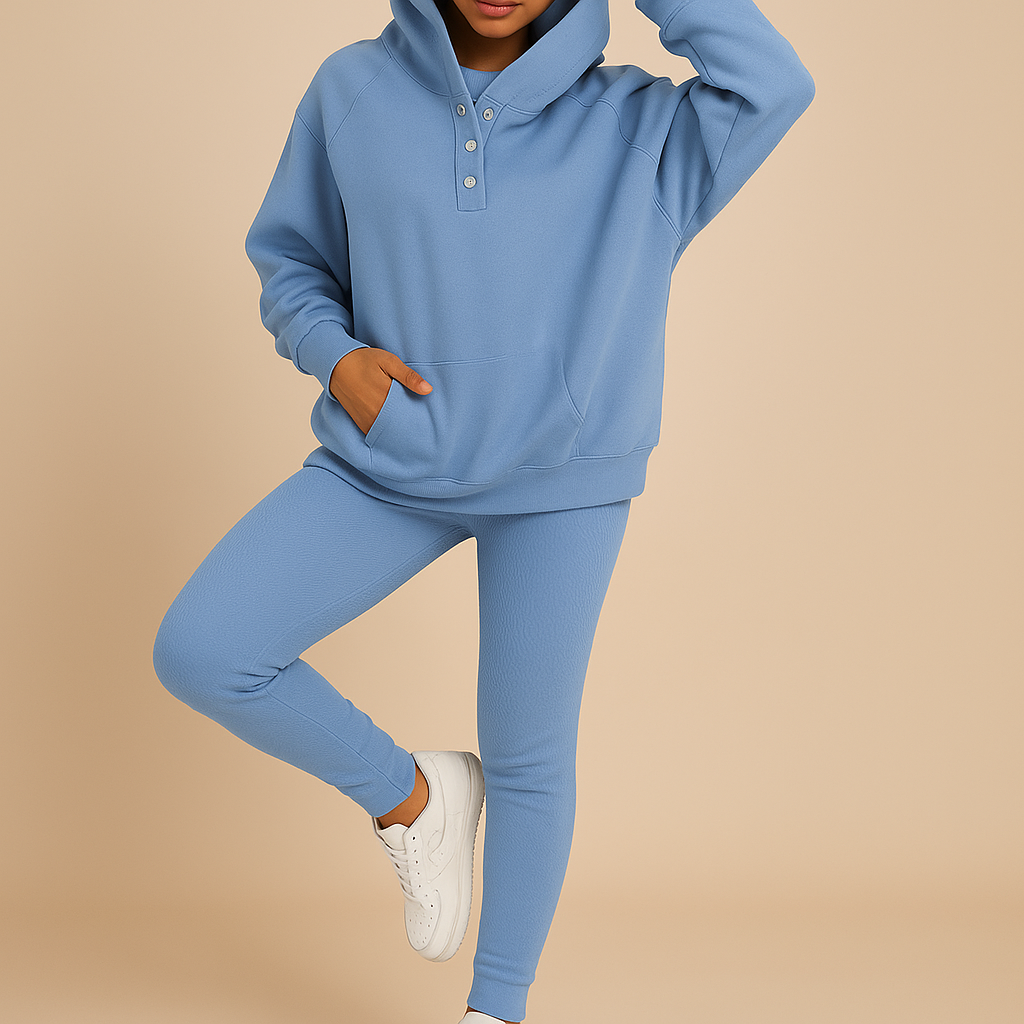 Women’s hoodie and jogger set with relaxed fit, perfect for casual days, lounging at home, or staying stylish in cooler weather.
