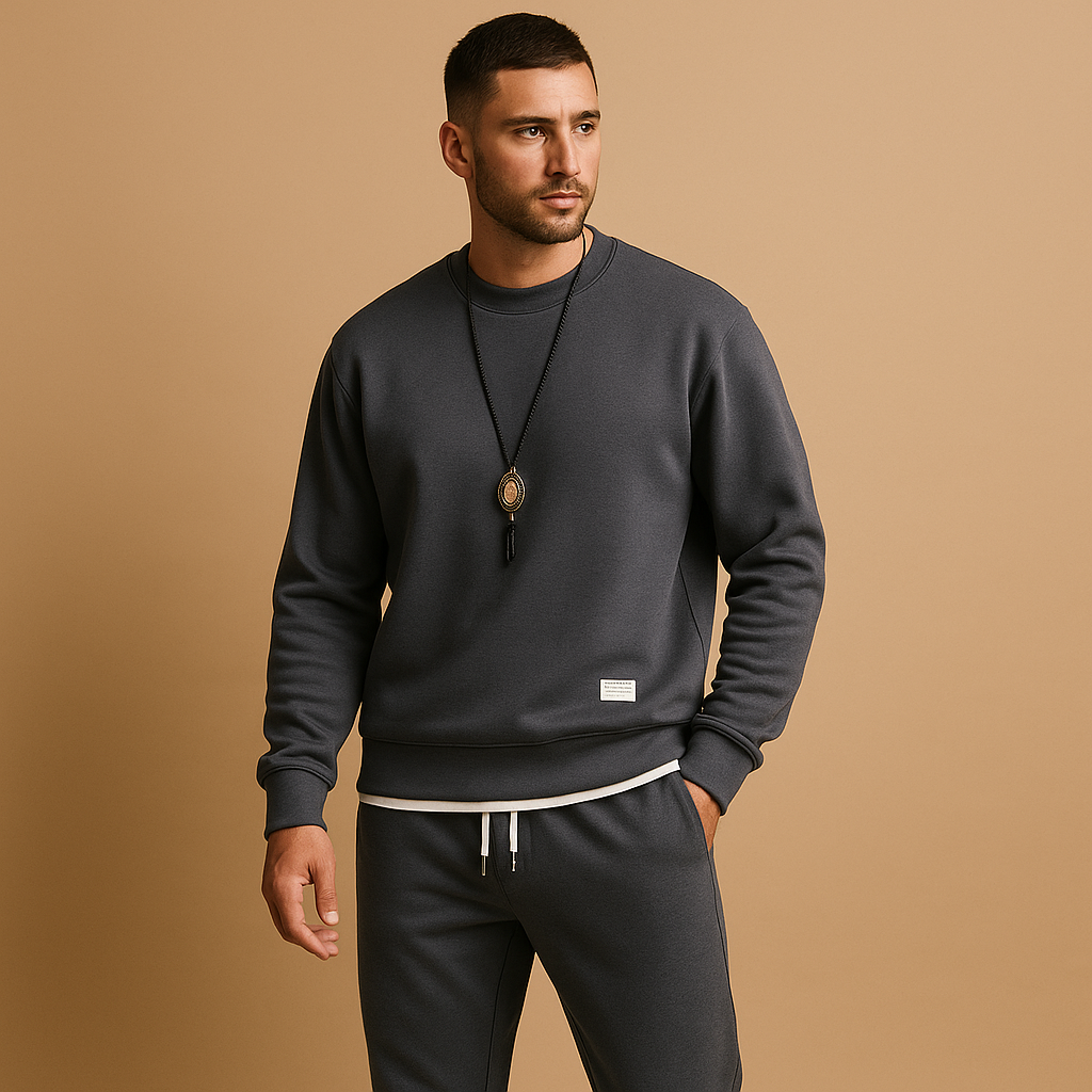 Men’s jogging set with sweatshirt and jogger jeans, perfect for casual outings, lounging, or travel days.