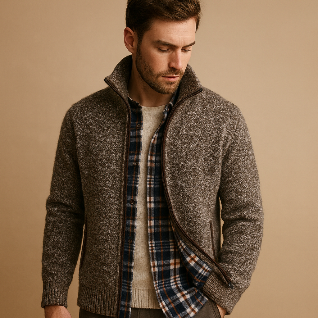 Men’s knitted cable sweater with cozy checkered inner lining, ideal for autumn and winter, offering a timeless and versatile style.