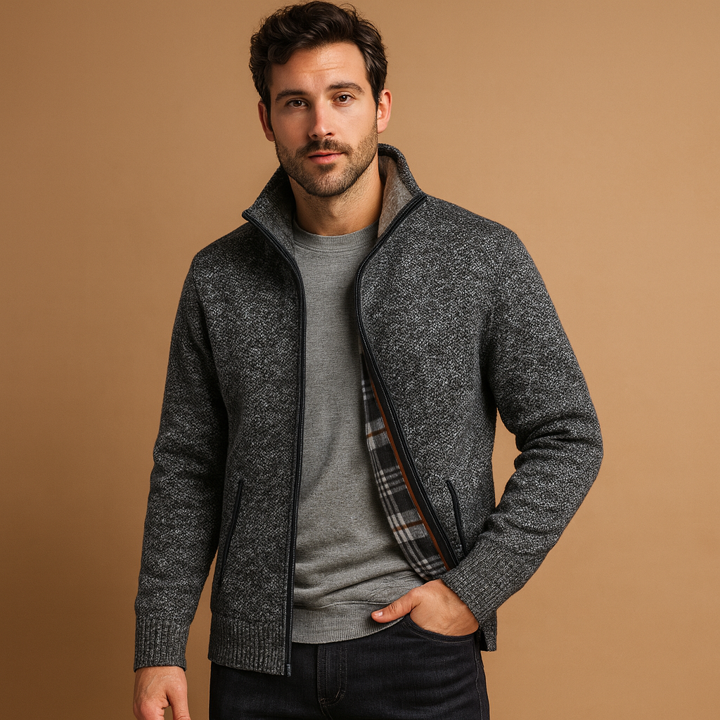 Men’s knitted cable sweater with cozy checkered inner lining, ideal for autumn and winter, offering a timeless and versatile style.