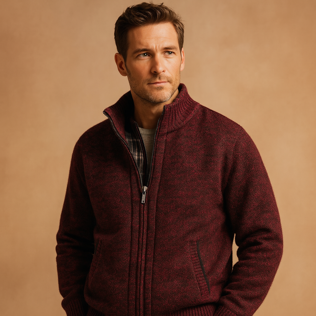 Men’s knitted cable sweater with cozy checkered inner lining, ideal for autumn and winter, offering a timeless and versatile style.