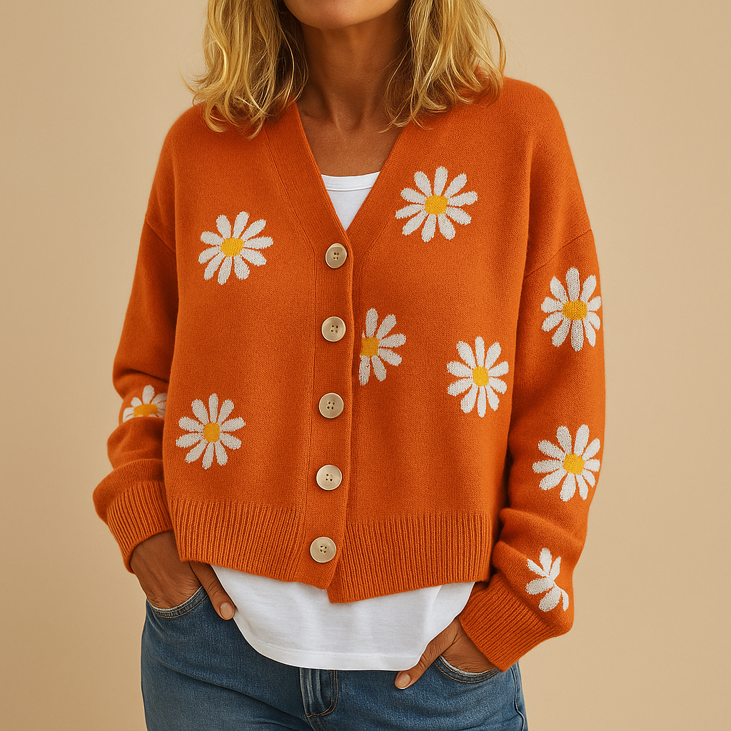 Knitted cardigan for women with elegant floral pattern and button closure, available in Blue, Brown, Black, Grey, and Orange, perfect for autumn and winter layering.