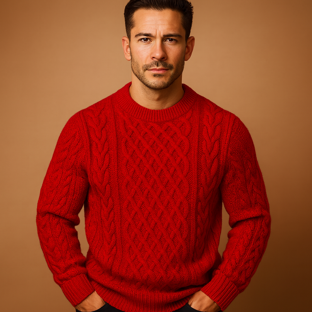 Men’s knitted crew neck sweater with loose fit and ribbed cuffs, perfect for layering in autumn and winter for a casual, timeless look.
