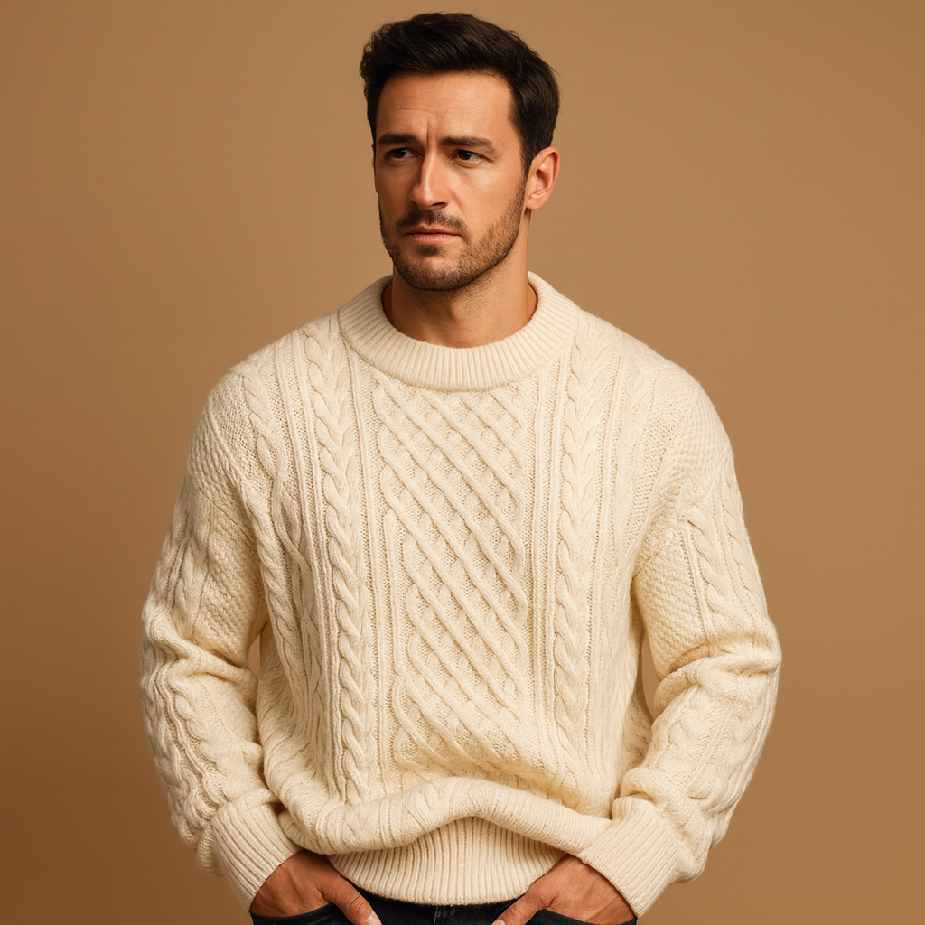 Men’s knitted crew neck sweater with loose fit and ribbed cuffs, perfect for layering in autumn and winter for a casual, timeless look.