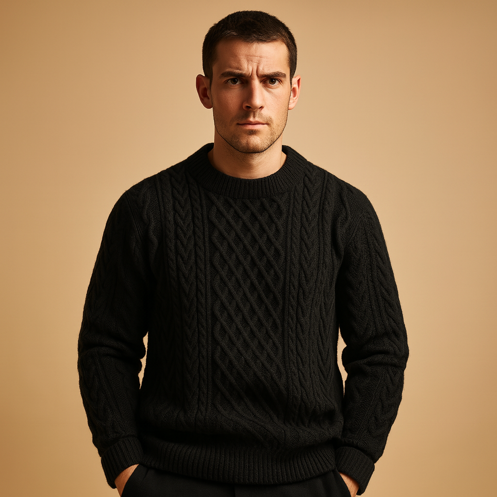 Men’s knitted crew neck sweater with loose fit and ribbed cuffs, perfect for layering in autumn and winter for a casual, timeless look.