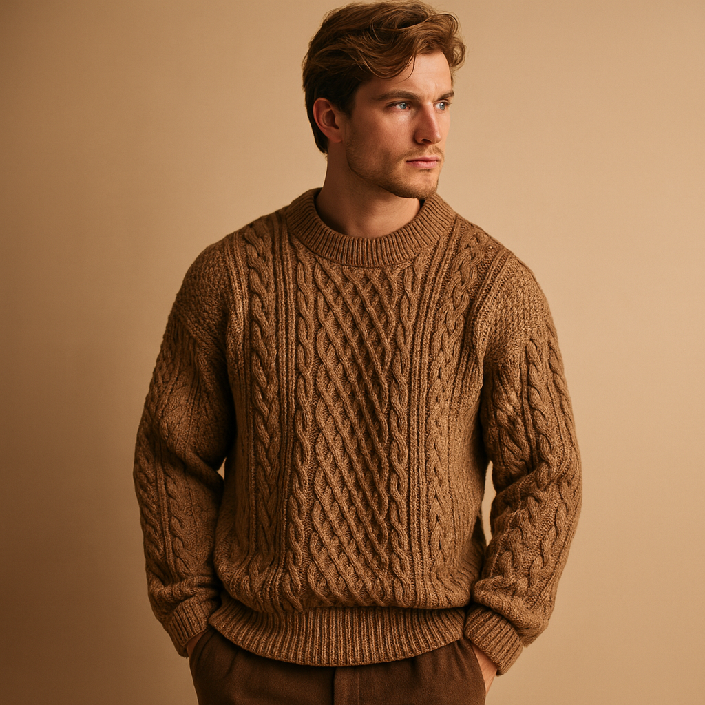 Men’s knitted crew neck sweater with loose fit and ribbed cuffs, perfect for layering in autumn and winter for a casual, timeless look.