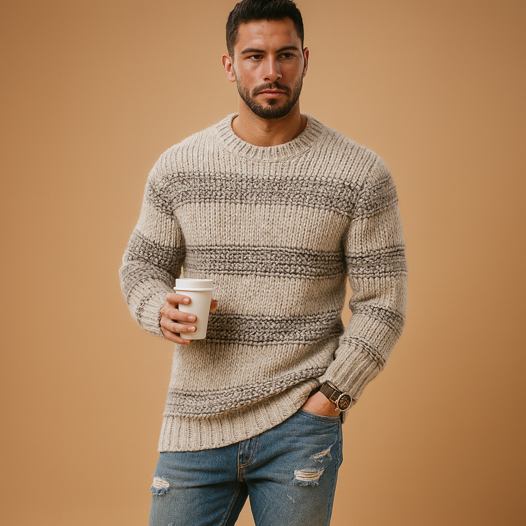 Warm knitted Nordic sweater for men with classic Scandinavian pattern, ideal for casual and formal winter outfits.