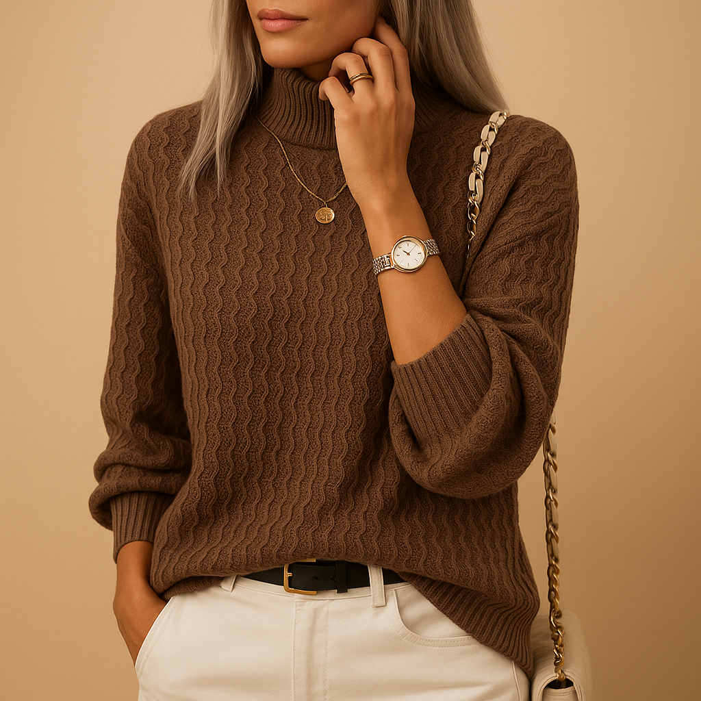 Women’s knitted turtleneck sweater in soft breathable fabric, ideal for office, casual outings, or layering in all seasons.